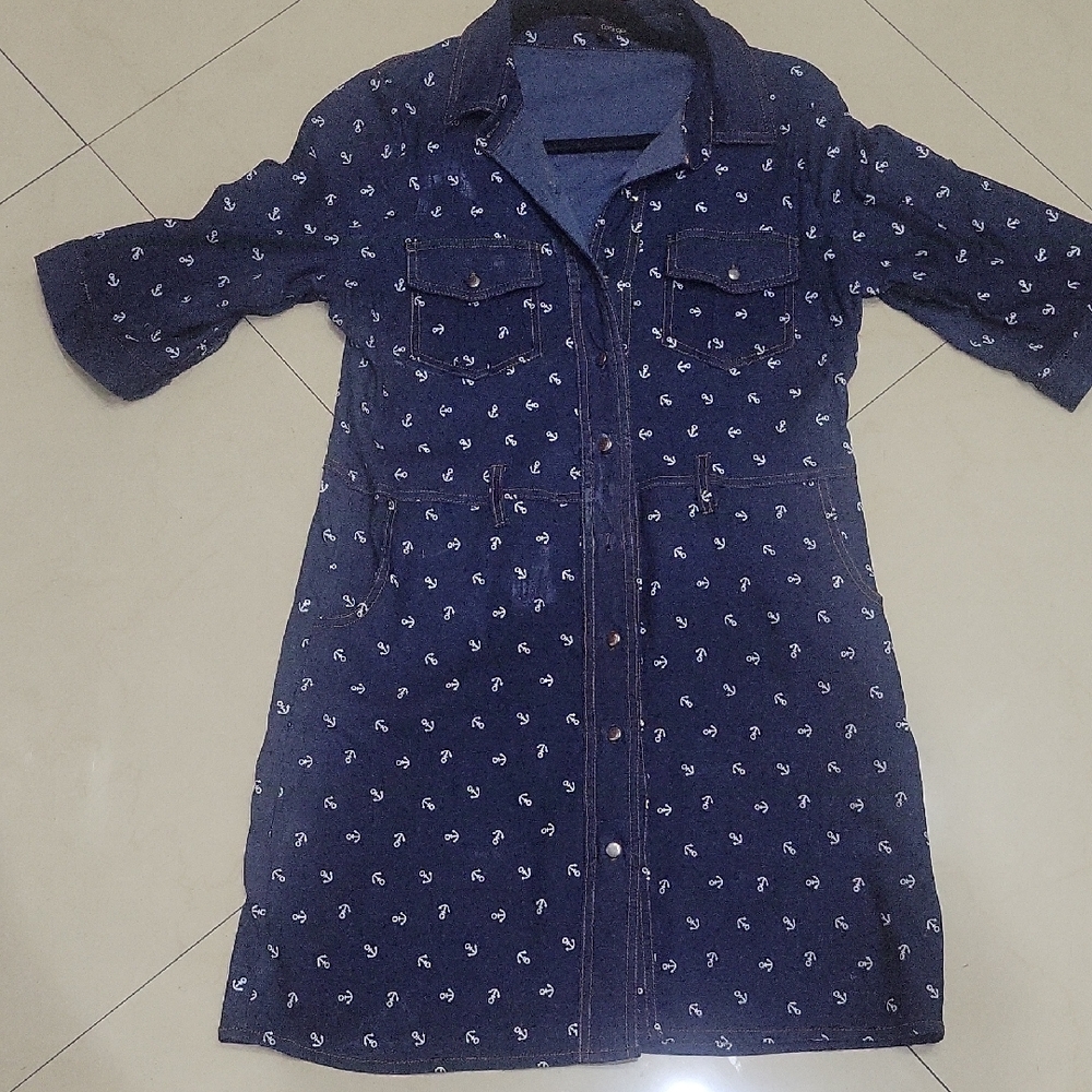 Navy Blue Midi Dress with Anchor Print